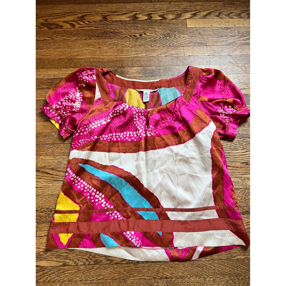 Diane von Furstenberg DVF Silk Abstract Print Square Neck Puff Sleeve Top 4‎